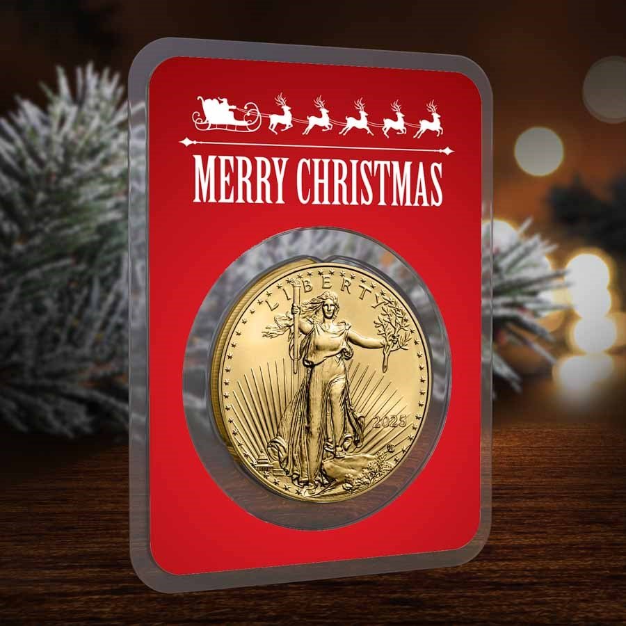 2025 1 oz American Gold Eagle - w/Red Merry Christmas Card