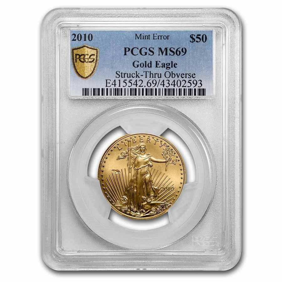 2010 1 oz Gold Eagle MS-69 PCGS (Error, Minor Strike-Thru Obv)