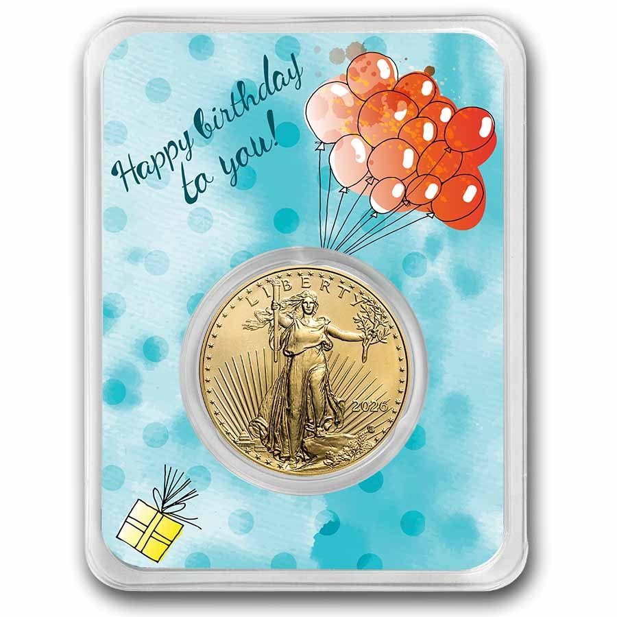 2025 1/2 oz Gold Eagle - w/Happy Birthday, Balloons Card, In TEP
