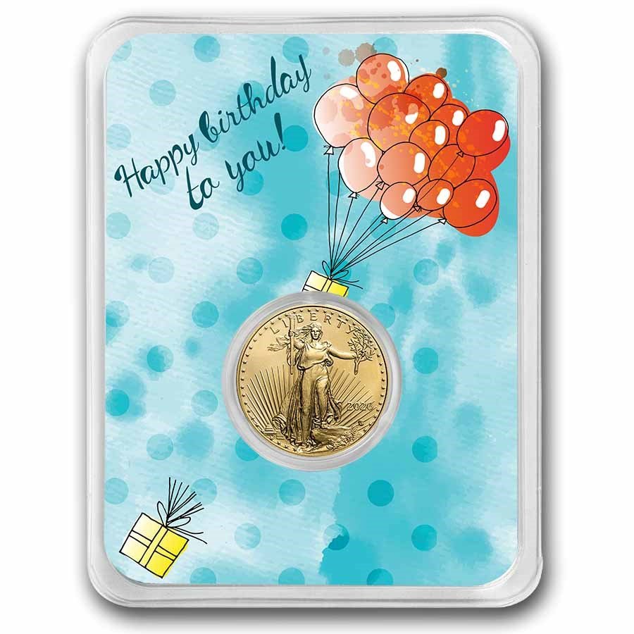 2025 1/10 oz Gold Eagle - w/Happy Birthday, Balloons Card, In TEP