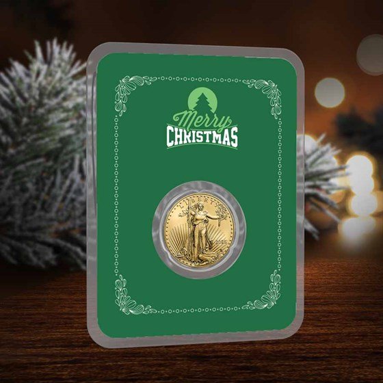 2025 1/10 oz American Gold Eagle - w/Green Merry Christmas Card