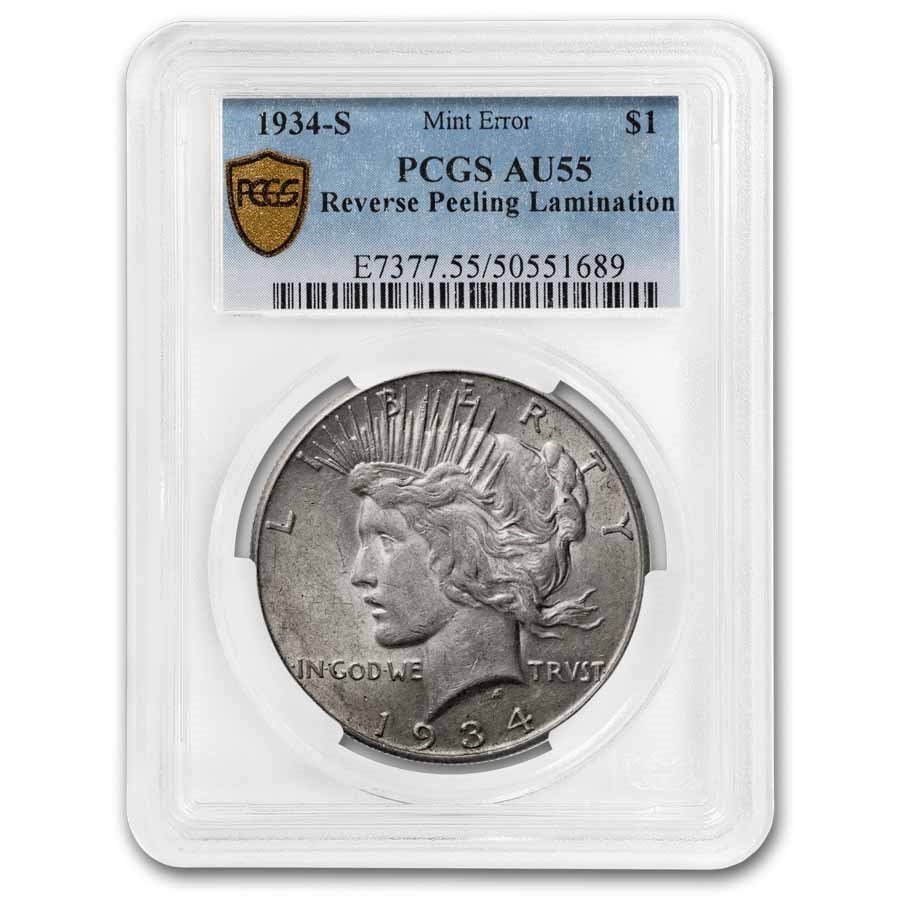 1934-S Peace Dollar AU-55 PCGS (Reverse Peeling Lamination Error)