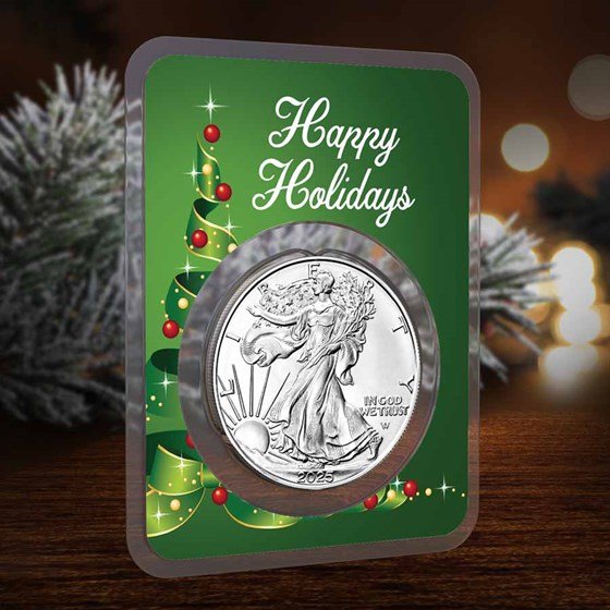 2025 1 oz American Silver Eagle - w/Holiday Ribbon Tree Card