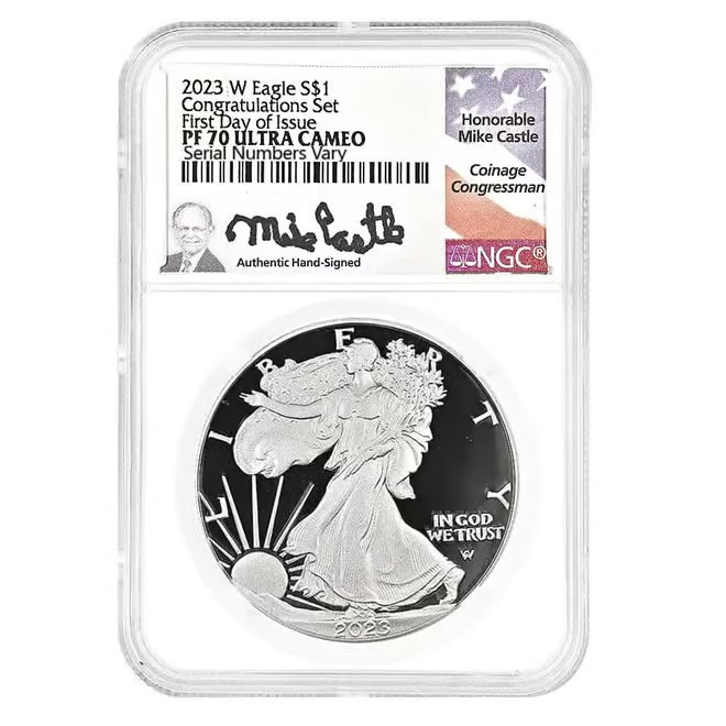 2023-W 1 oz Proof Silver American Eagle Congratulations Set NGC PF 70 FD (Castle)