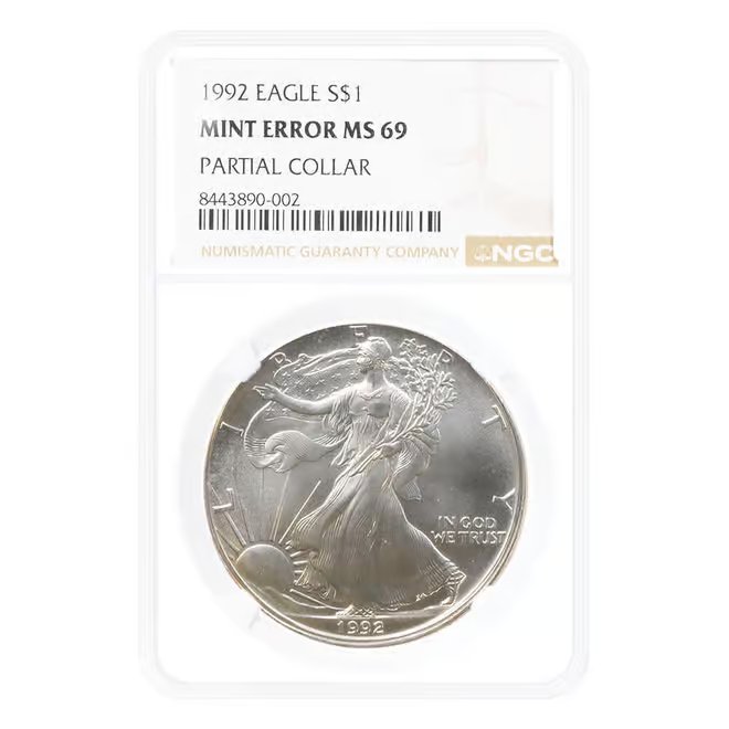 1992 1 oz Silver American Eagle Mint Error Partial Collar NGC MS 69