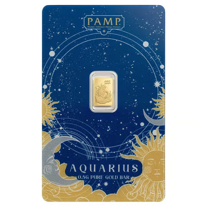 1/2 Gram PAMP Suisse Aquarius Zodiac Gold Bar (in Assay)