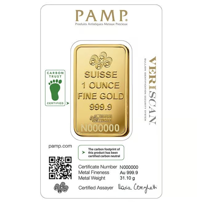 Box of 25 - 1 oz Gold Bar PAMP Suisse Lady Fortuna Veriscan Carbon Neutral (in Assay)