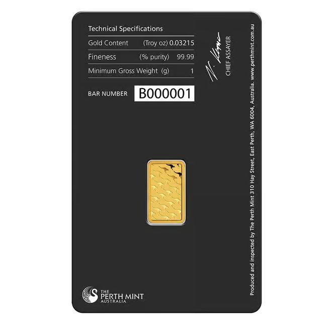 Box of 25 - 1 Gram Perth Mint Gold Bar .9999 Fine (in Assay)