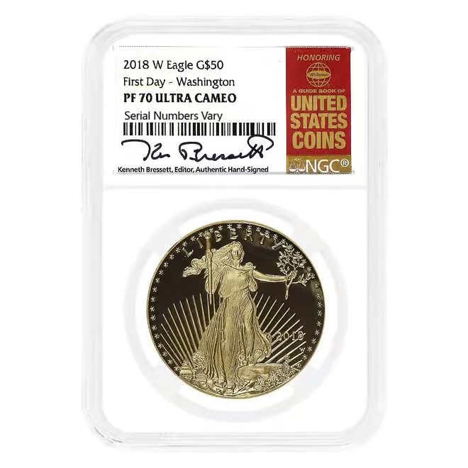 2018-W 1 oz $50 Proof Gold American Eagle NGC PF 70 FDOI (Kenneth Bressett)