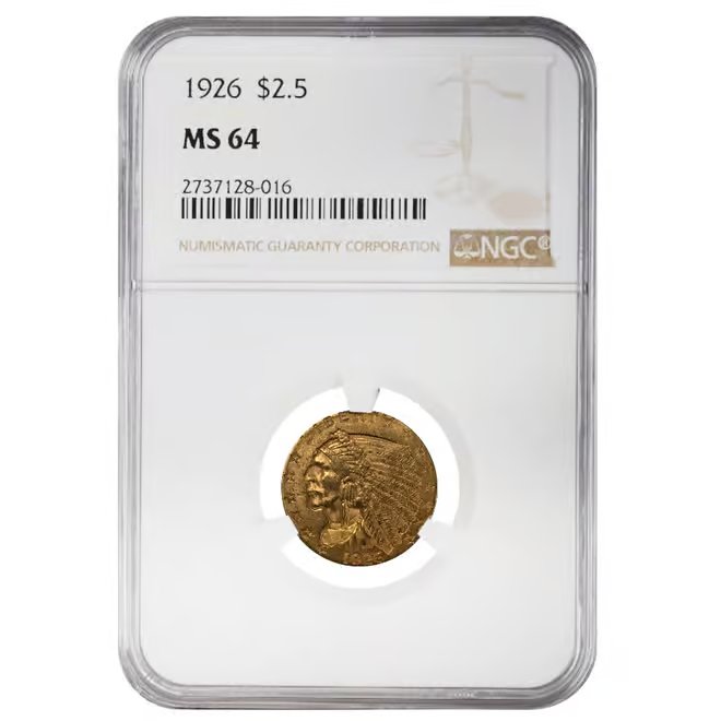 1926 $2.5 Indian Head Gold Quarter Eagle Coin NGC MS 64