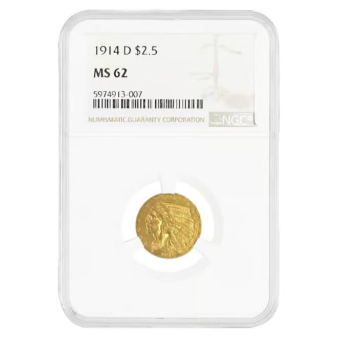 1914 D $2.5 Indian Head Gold Quarter Eagle Coin NGC MS 62
