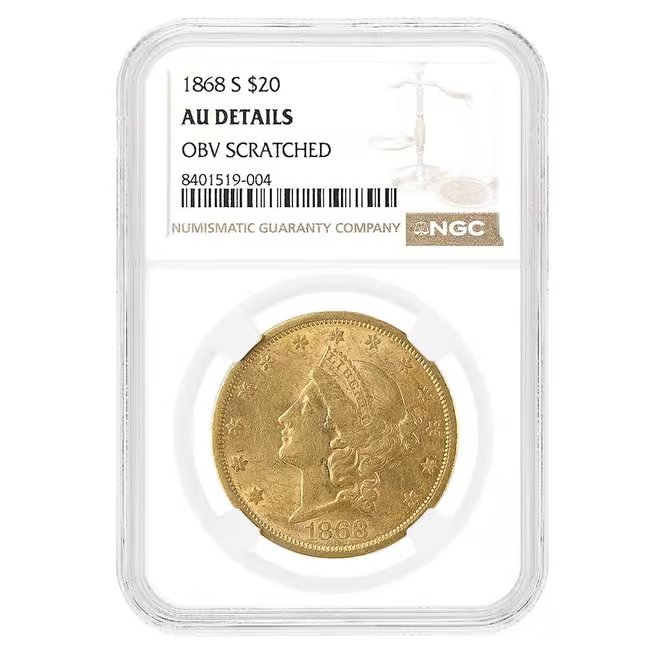 1868 S $20 Liberty Head Double Eagle Gold Coin NGC AU Details