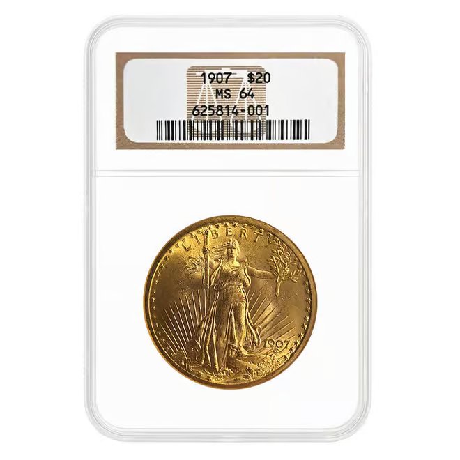 1907 $20 Gold Saint Gaudens Double Eagle Coin PCGS MS 64