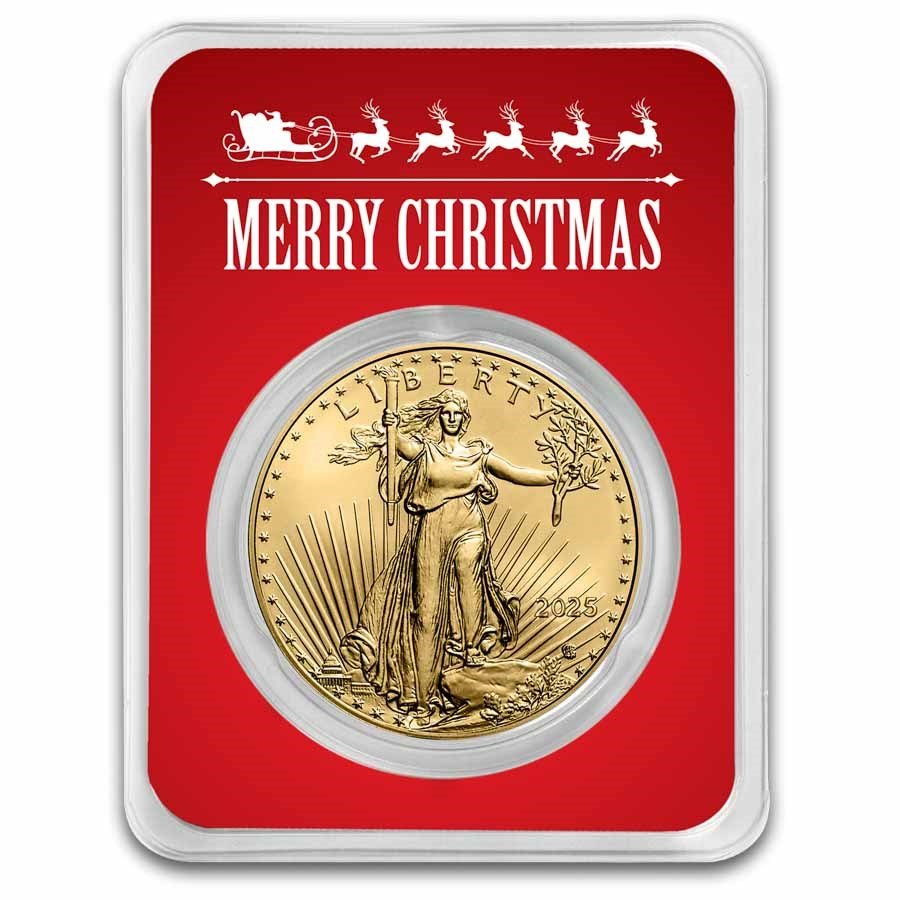 2025 1 oz American Gold Eagle - w/Red Merry Christmas Card