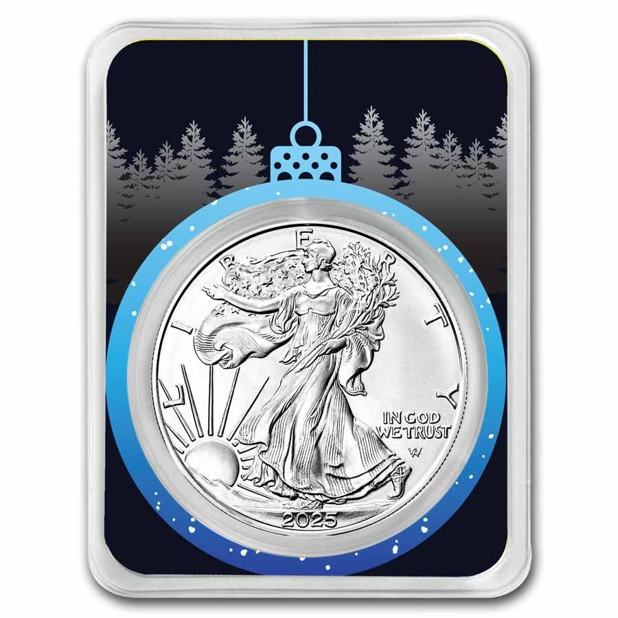 2025 1 oz American Silver Eagle - w/Blue Christmas Ornament Card