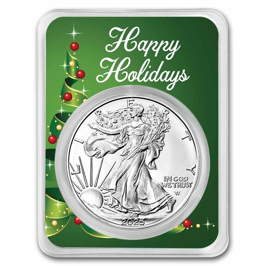 2025 1 oz American Silver Eagle - w/Holiday Ribbon Tree Card