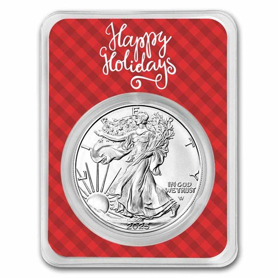 2025 1 oz American Silver Eagle - w/Plaid Happy Holidays Card