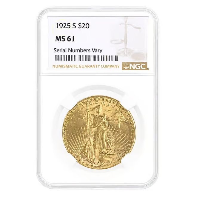1925-S $20 Saint Gaudens Double Eagle Gold Coin NGC MS 61