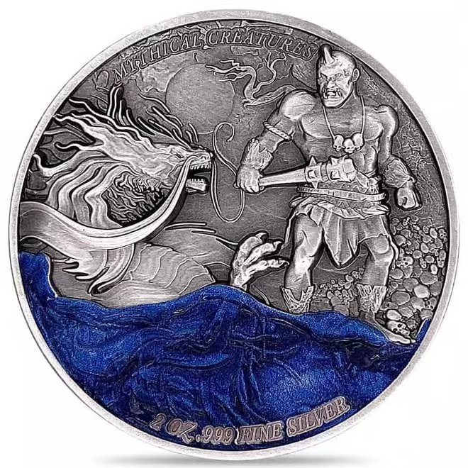 2023 Chad 2 oz Silver Dragon and Cyclops - Mythical Creatures Series Antiqued High Relief Coin (w/Box)