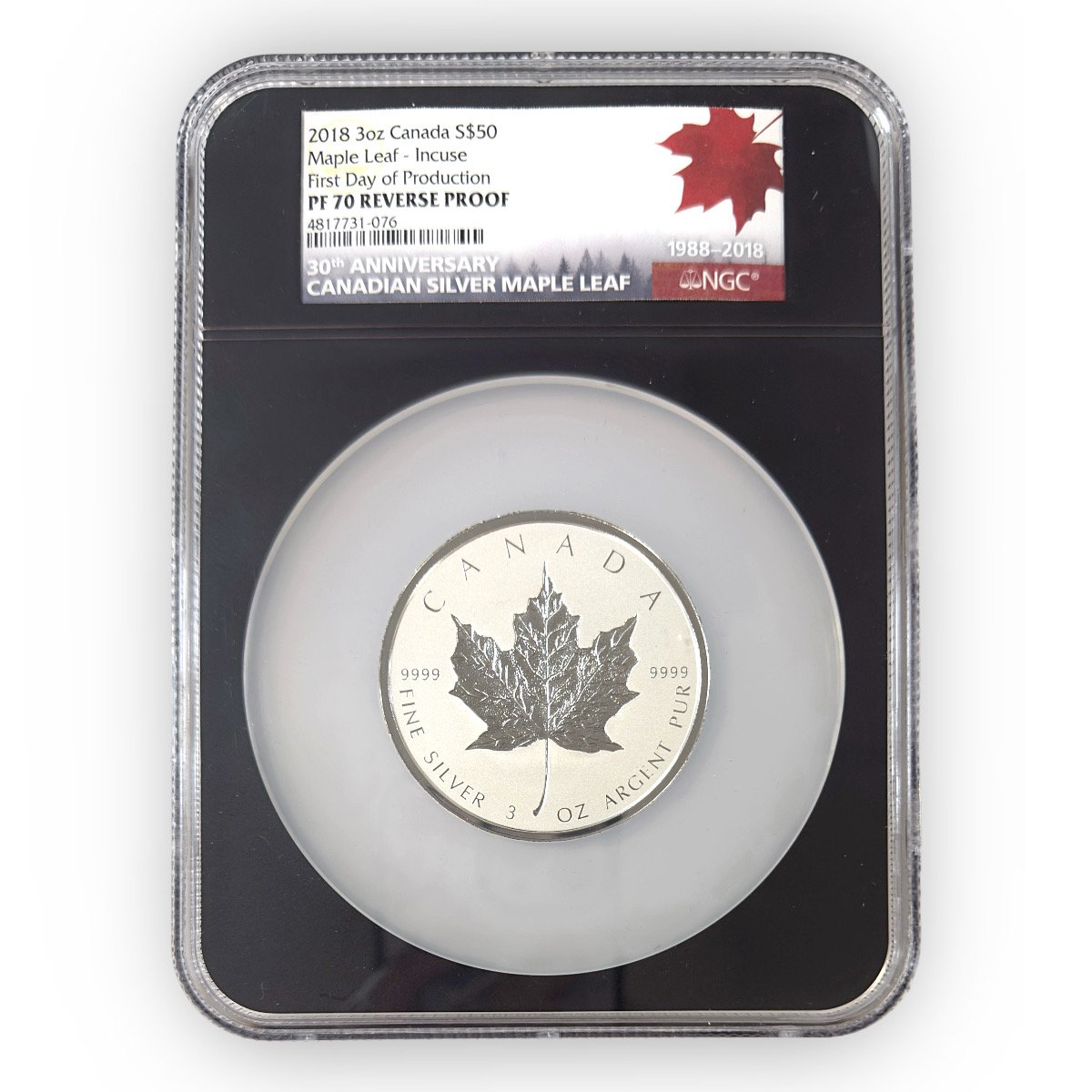 Certified Canadian Silver Maple Leaf Incuse $50 3 oz. 2018 PF70 NGC - IN BOX
